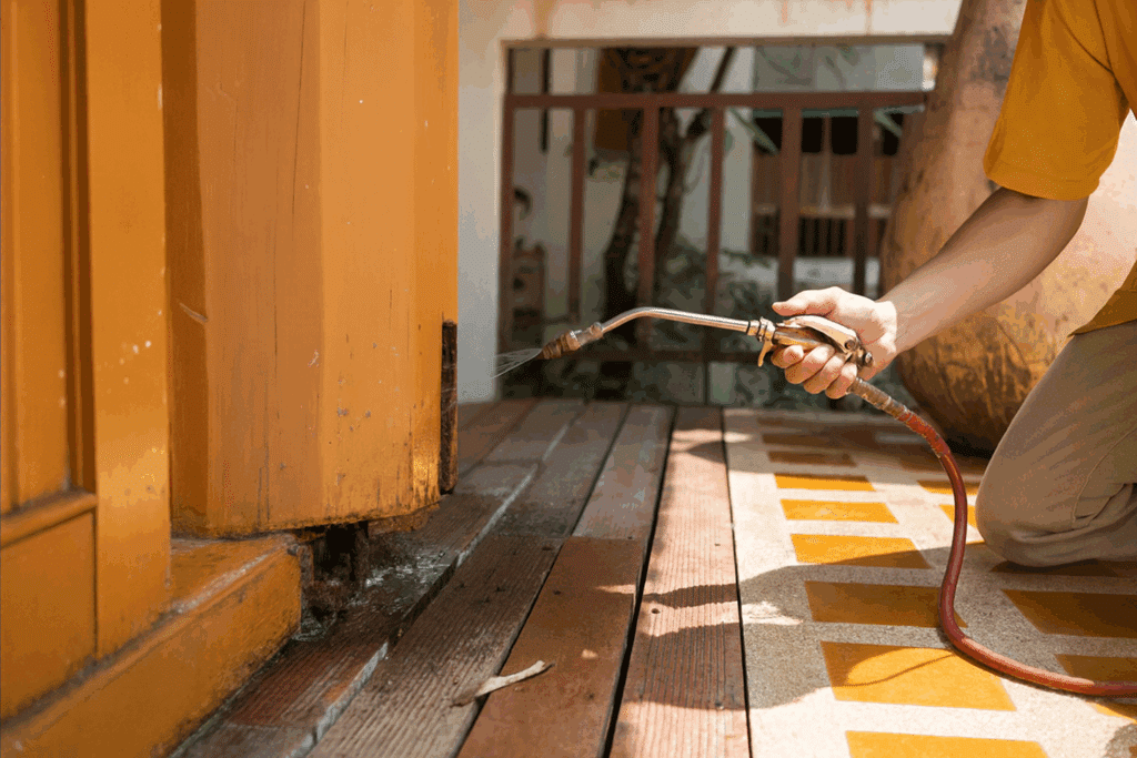 A technician applying a termite treatment to some foundational wood on a house.