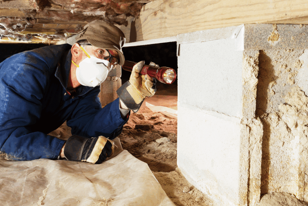 A technician inspecting a house's foundation for termites in the crawl space beneath the house.