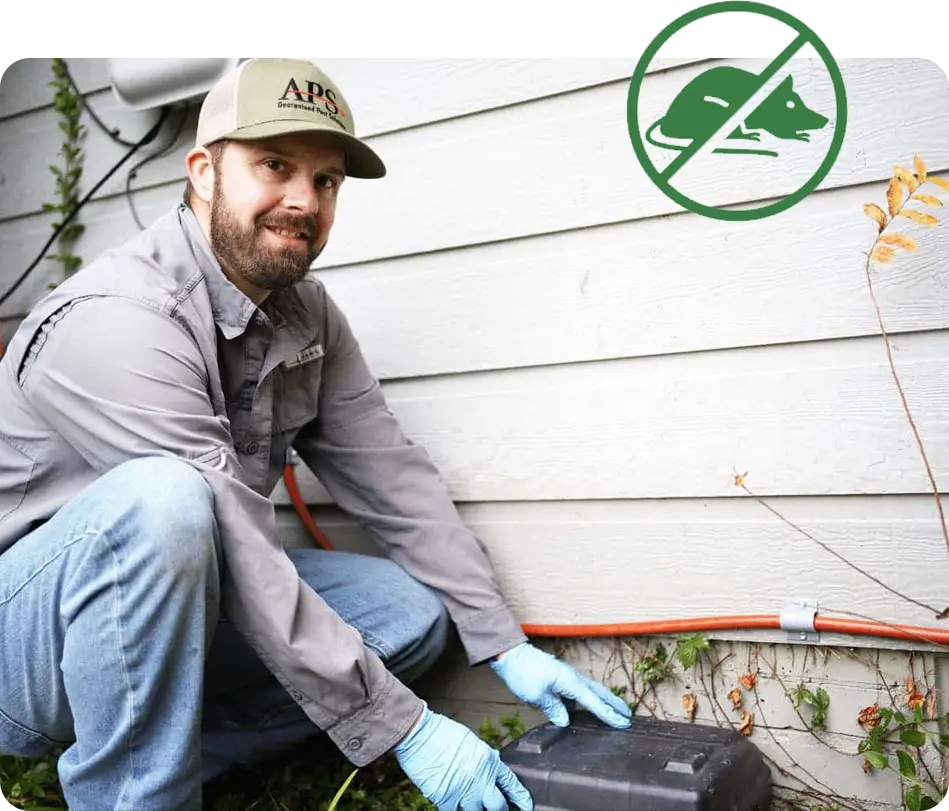 APS Pest Control technician placing a rat trap for rodent control in East Texas home