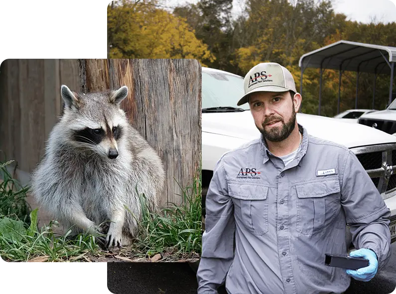 Pest control technician inspecting a raccoon for wildlife removal service