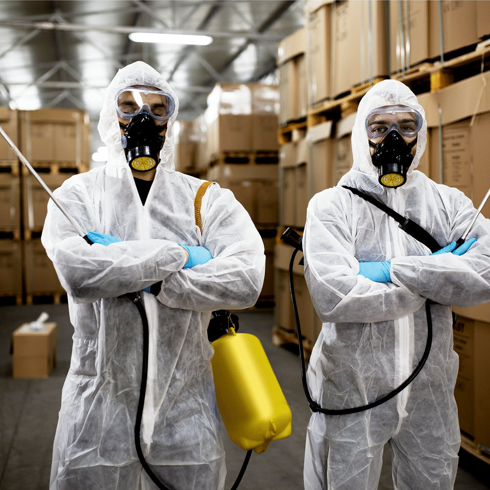 Two pest control technicians standing confidently inside a warehouse full of boxes, having completed a successful and thorough pest treatment.